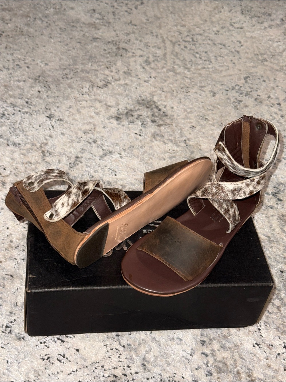 Brown Leather Strappy Sandals with Haircalf Accents - Women